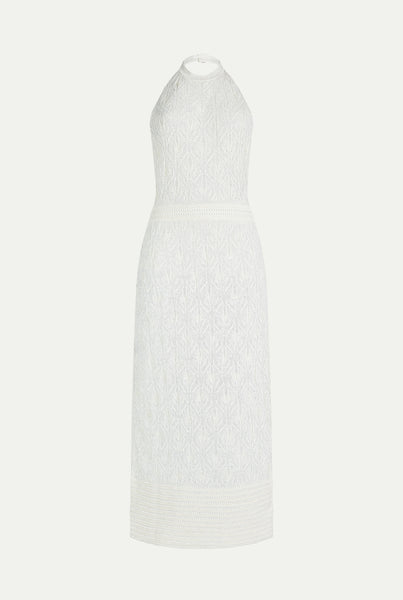 White lace crochet 2025 high neck midi dress